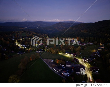 nighttime landscape of rural village featuring glowing streets and scattered residences for safety analysis nighttime landscape of rural village featuring glowing streets and scattered residences for safety analysis 135720067