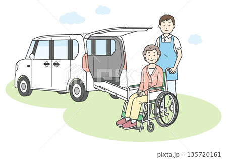 介護施設に送迎される高齢女性と男性介護士と福祉車両のイラスト（カラー 135720161