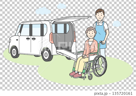 介護施設に送迎される高齢女性と男性介護士と福祉車両のイラスト（カラー 135720161