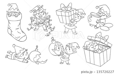 Cute Christmas elves in various festive poses. Coloring book 135720227