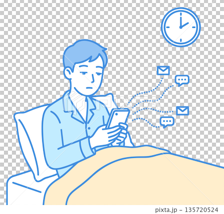 Illustration of a man who can't sleep because he's looking at his smartphone in the middle of the night (image of insomnia and digital addiction) 135720524