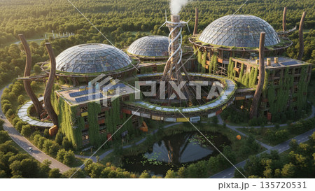 Futuristic Eco Friendly Architecture Complex Integrated with Nature 4k ai 135720531