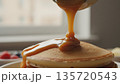 Sweet Syrup Pouring on Fluffy Pancakes Breakfast Scene 4k ai 135720543