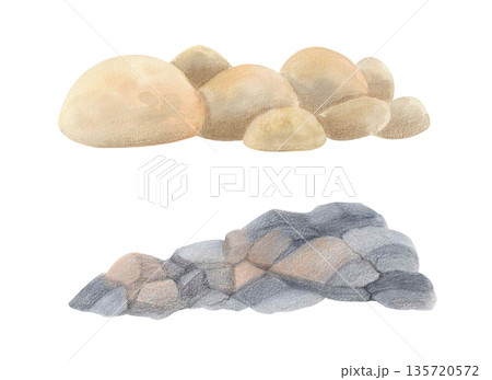 Watercolor set of stone rock formations isolated on white background. Textured rocky surface for nature designs and landscapes. 135720572
