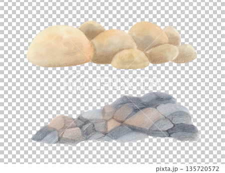 Watercolor set of stone rock formations isolated on white background. Textured rocky surface for nature designs and landscapes. 135720572