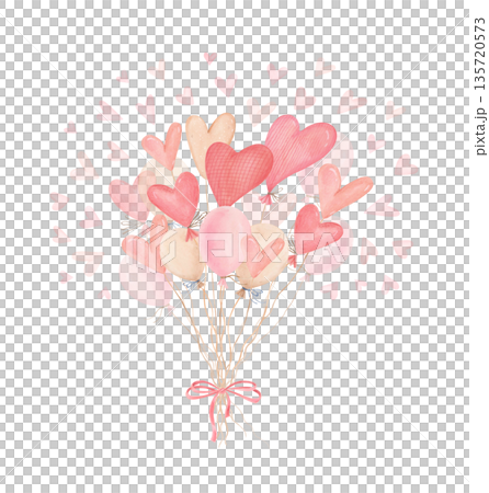 Watercolor heart balloons bouquet with pink bow isolated on white. Hand-drawn romantic Valentine clipart in soft pastel colors. Watercolor heart balloons bouquet with pink bow isolated on white. Hand-drawn romantic Valentine clipart in soft pastel colors. 135720573
