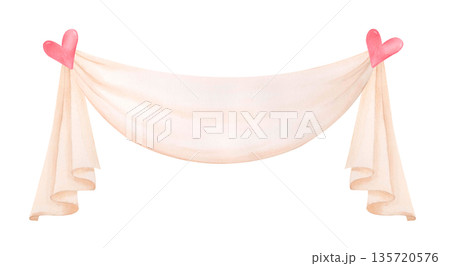 Watercolor romantic draped fabric with hearts clipart. Illustration of vintage drapery isolated on white for banners, invitations. Watercolor romantic draped fabric with hearts clipart. Illustration of vintage drapery isolated on white for banners, invitations. 135720576