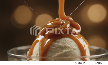 Vanilla Ice Cream With Caramel Sauce Drizzle Dessert Photography 4k ai 135720602