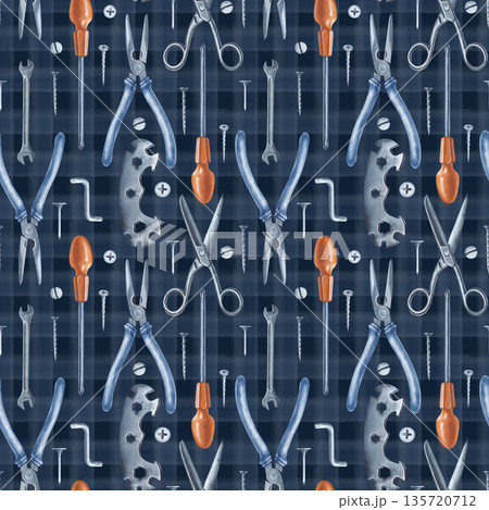 Seamless vertical drawing with working tools on a dark background in a cage. Watercolor illustration with realistic iron tools for home renovation. A template for the design of construction and repair 135720712