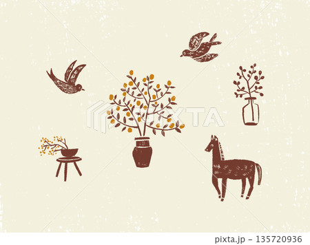 鳥や馬のイラストセット 135720936