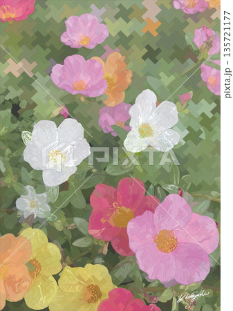 五色の花が咲き乱れる庭園 デジタルアート風の色彩豊かなモザイク背景と可憐な草花素材 五色の花が咲き乱れる庭園 デジタルアート風の色彩豊かなモザイク背景と可憐な草花素材 135721177