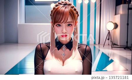 若い女性が、カーテンを開ける 135721181