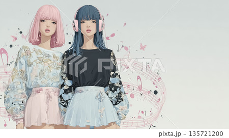 絵美シリーズ：音に包まれる若い女性たち｜ポップで軽やかなミュージックイラスト 135721200