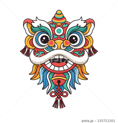 Chinese Lion Dance Head Colorful Traditional Festival, Vector Illustration 135721201