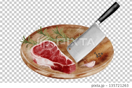 Watercolor illustration of a raw ribeye beef steak on a wooden cutting board with a meat cleaver, rosemary, garlic, and peppercorns. Realistic food art isolated on white background. Detailed hand 135721263