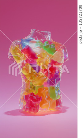 Stylized gummy humanoid torso with translucent jelly texture under focused studio light. 135721709