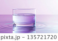 3D illustration of water meniscus in transparent glass, surface tension visible, mauve toned environment 135721720