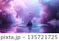 3D illustration of abstract water meniscus shape floating in space, surface tension concept, mauve lighting 135721725