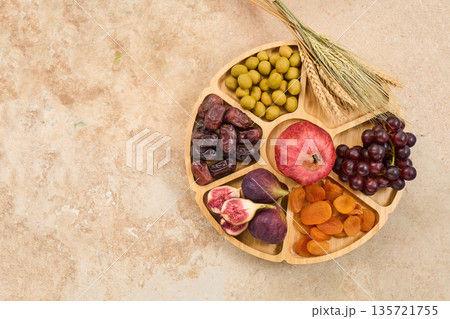 Seven species shivat haminim assortment for tu b'shevat Seven species shivat haminim assortment for tu b'shevat 135721755