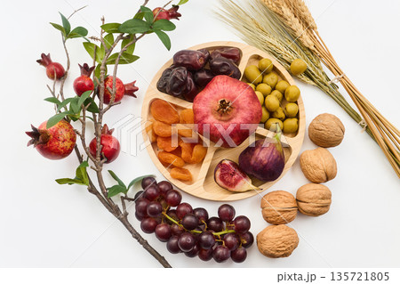 Seven species concept featuring fruit, grains, and nuts Seven species concept featuring fruit, grains, and nuts 135721805