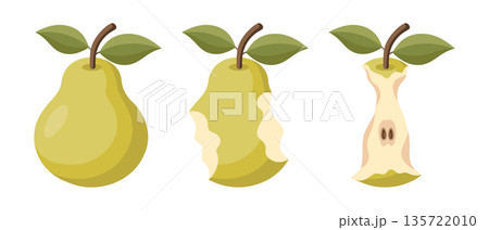 Juicy green pear eating steps icon set. Stages of an eaten pear, whole, bitten and core. Illustration. 135722010