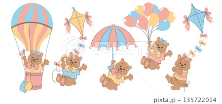 Set of adorable teddy bears fly and play with a hot air balloon, kites and balloons. Childish illustration. 135722014