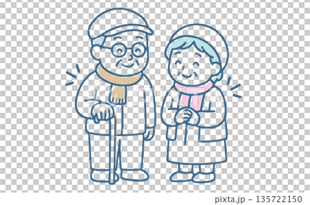 Smiling elderly couple walking side by side (winter clothes, winter clothing, going out, walking, senior life) 135722150