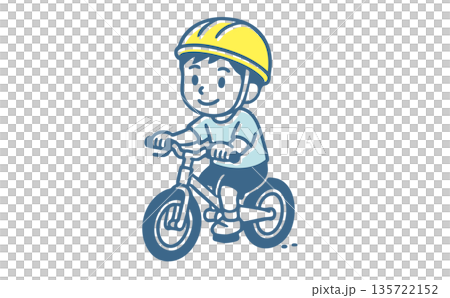 ヘルメットを被って自転車（キックバイク）に乗る子供のイラストセット（交通安全・外遊び・運動） 135722152