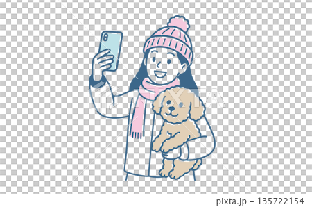 冬服で愛犬（トイプードル）を抱っこして自撮りをする女性のイラスト（SNS・ペット・散歩・冬の外出） 135722154