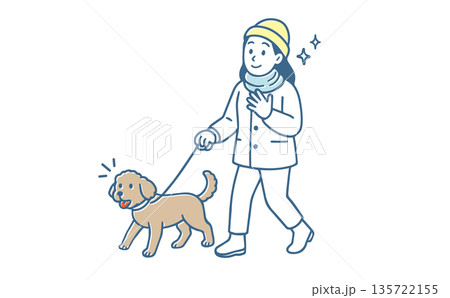 冬の装いで愛犬と楽しそうに散歩する女性のイラスト(トイプードル・防寒着・ペット・ライフスタイル) 冬の装いで愛犬と楽しそうに散歩する女性のイラスト(トイプードル・防寒着・ペット・ライフスタイル) 135722155