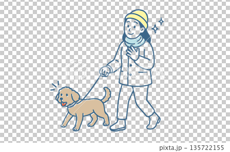 冬の装いで愛犬と楽しそうに散歩する女性のイラスト(トイプードル・防寒着・ペット・ライフスタイル) 冬の装いで愛犬と楽しそうに散歩する女性のイラスト(トイプードル・防寒着・ペット・ライフスタイル) 135722155