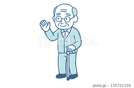 杖をついて笑顔で手を振る高齢者の男性（シニア・おじいちゃん・挨拶・散歩・福祉） 135722158