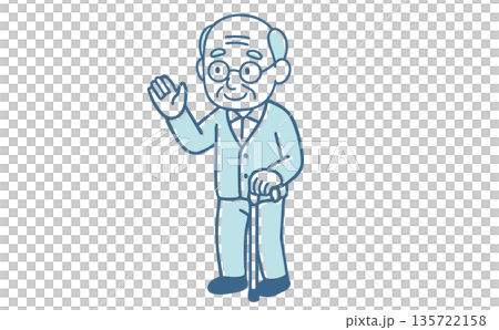 杖をついて笑顔で手を振る高齢者の男性（シニア・おじいちゃん・挨拶・散歩・福祉） 135722158