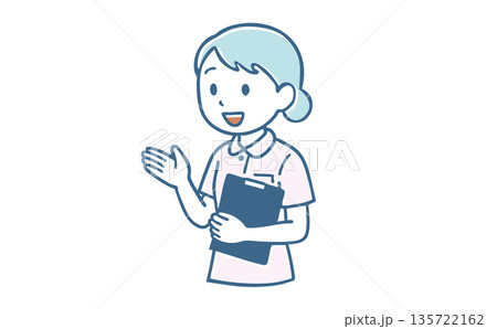 バインダーを持って笑顔で案内・説明をする看護師（医療スタッフ・女性・案内・受付・問診） 135722162