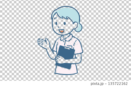 バインダーを持って笑顔で案内・説明をする看護師（医療スタッフ・女性・案内・受付・問診） 135722162