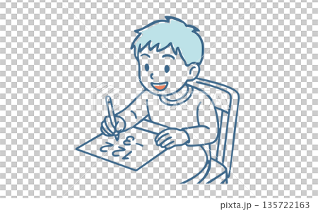 圖解：一個面帶微笑的男孩在書桌前學習算術（做作業）（學習，家庭學習，教育，小學生） 135722163