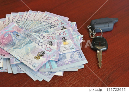 Tenge. Paper Kazakh money and calculator on the table close-up. 135722655