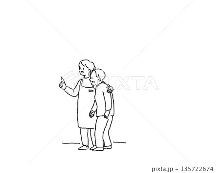 高齢女性に寄り添って歩く介護士、看護師の女性、線画 135722674
