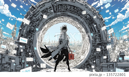 プライバシー・ポリシーやセキュリティー・ポリシーを表す堅牢な門と門番のイメージ