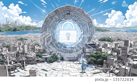 プライバシー・ポリシーやセキュリティー・ポリシーを表す堅牢な門と門番のイメージ