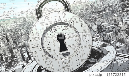 プライバシー・ポリシーやセキュリティー・ポリシーを表す堅牢な門と門番のイメージ