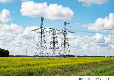 power line tower against blue sky and clouds over yellow field in summer power line tower against blue sky and clouds over yellow field in summer 135722841