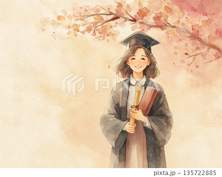 桜の木の下で卒業証書を持つ袴姿の女子大生の水彩画風イラスト 桜の木の下で卒業証書を持つ袴姿の女子大生の水彩画風イラスト 135722885