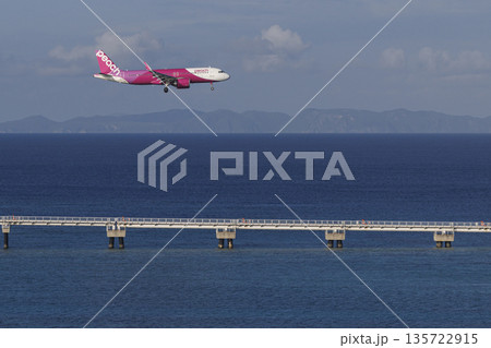 沖縄の海とピーチA320 135722915