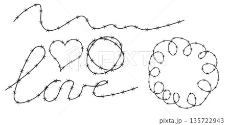 Twisted barbed wire silhouettes set in rounded and square shapes. Vector illustration of steel black wire barb fence frames. Concept of protection, danger or security Twisted barbed wire silhouettes set in rounded and square shapes. Vector illustration of steel black wire barb fence frames. Concept of protection, danger or security 135722943