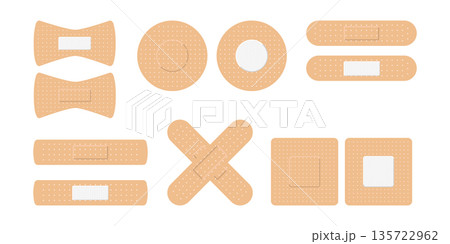 Medical plaster. Adhesive bandage for aid of wound. Icons of breathable bandaids. Bands isolated on white background. Medicine plaster strips for first aid, pain, pharmacy, accident, surgery. 135722962