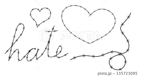 Twisted barbed wire silhouettes set in rounded and square shapes. Vector illustration of steel black wire barb fence frames. Concept of protection, danger or security 135723095