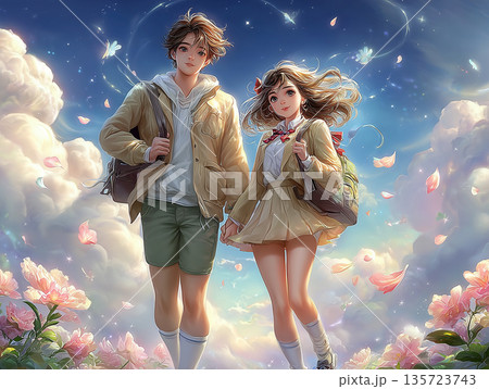 桜舞う春の通学路を新しい制服で歩く高校生の男女のイラスト 135723743