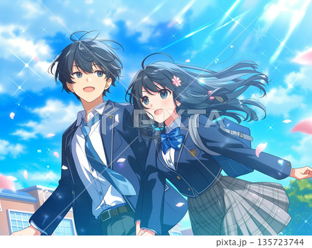 桜舞う春の通学路を新しい制服で歩く高校生の男女のイラスト 135723744