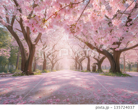 満開の桜並木と花びらの絨毯が続く春の通学路 135724037